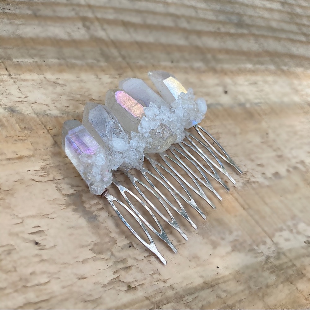 Aura Rose Quartz with Druzy Crystal Hair Comb